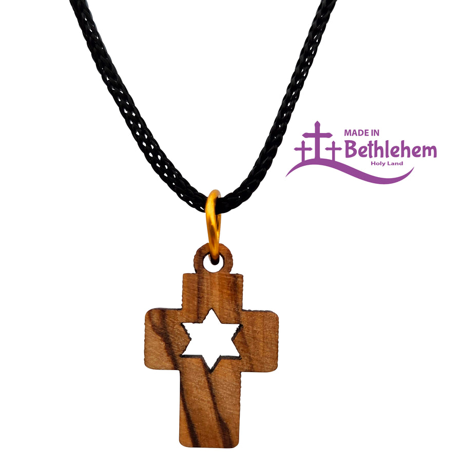 Collier en bois d'olivier, croix avec étoile de David, bénit, fait main à Bethléem