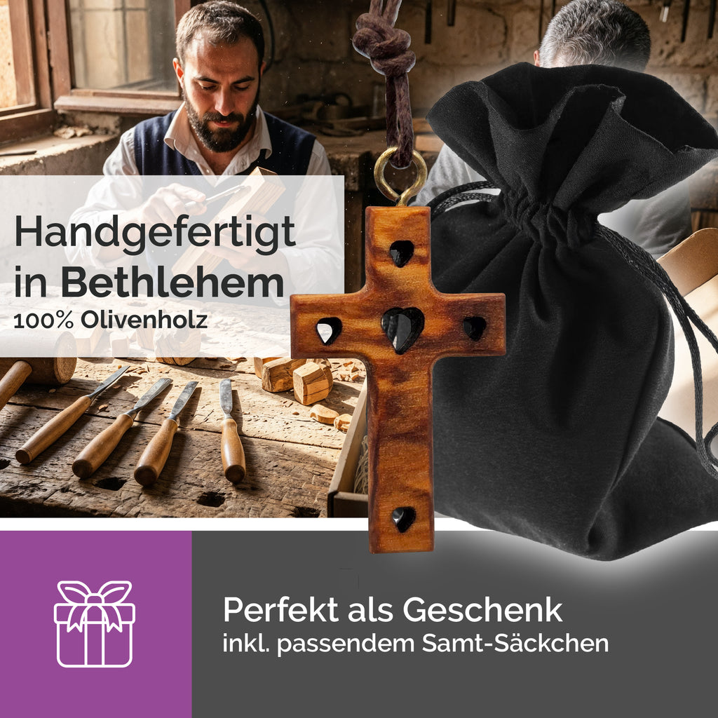 Handarbeit Bethlehem Halskette Olivenholz Kreuz mit Herzen gesegnet Zertifikat drei Knoten
