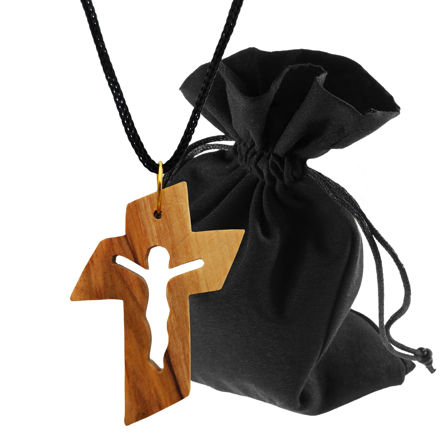 Collana in legno d'ulivo con croce e figura di Cristo (Betlemme) – benedetta nel nostro magazzino – vista del prodotto