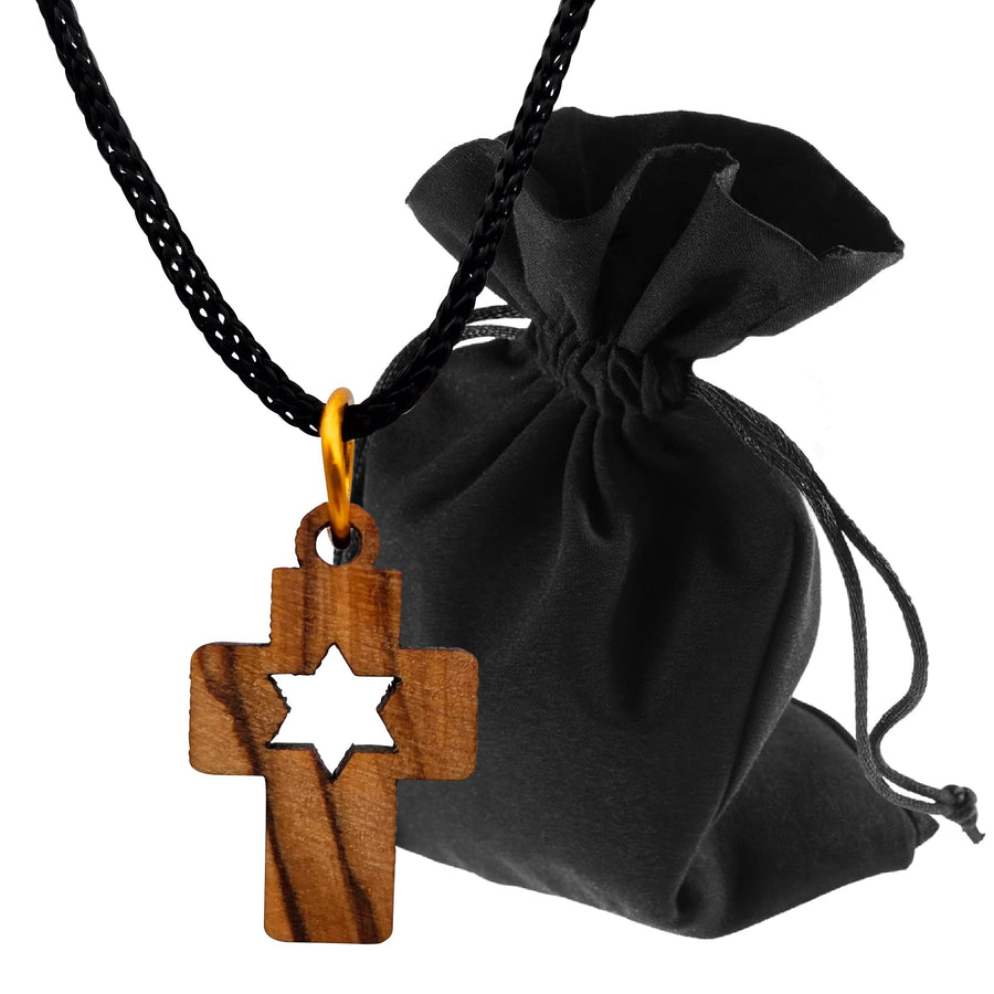 Collar de madera de olivo con cruz y estrella de David de Belén – bendecido – vista del producto