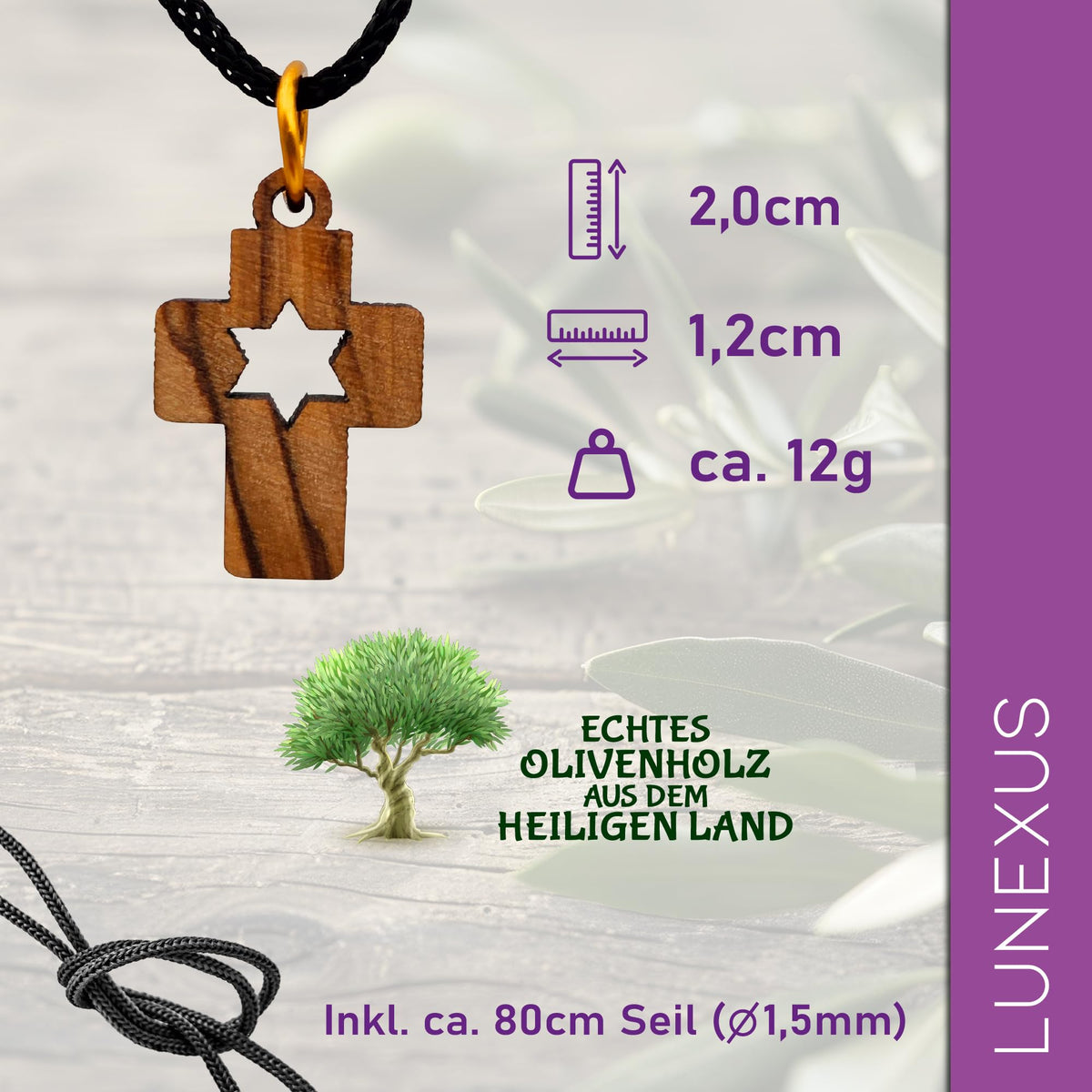 Collana in legno d'ulivo con croce e stella di Davide di Betlemme – benedetta nel nostro magazzino – vista 2