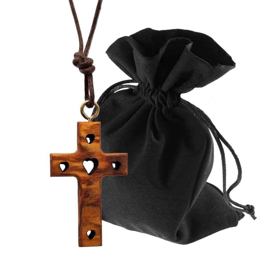 Collana in legno d'ulivo con croce e cuore (tre nodi) – benedetta nel nostro magazzino – vista del prodotto