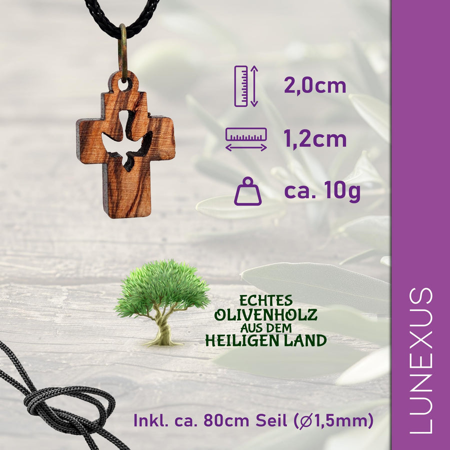 Collar de madera de olivo con cruz y paloma de Belén – bendecido – vista 2