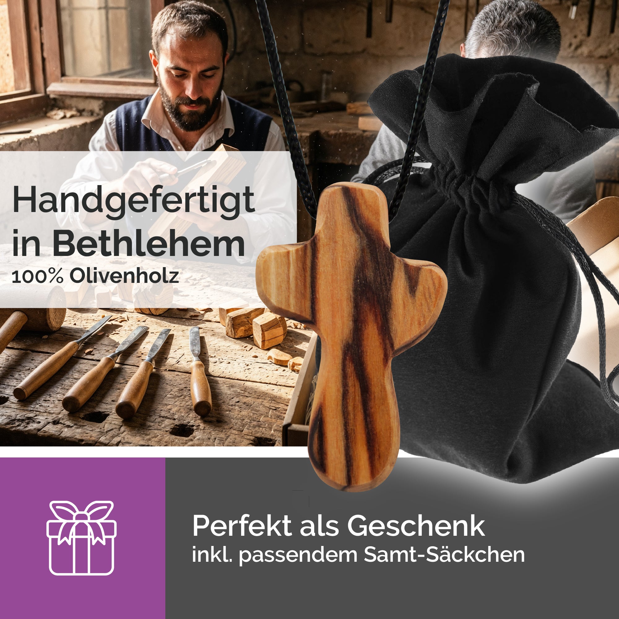 Handarbeit Bethlehem Halskette Olivenholz Kreuz schlicht gesegnet Zertifikat