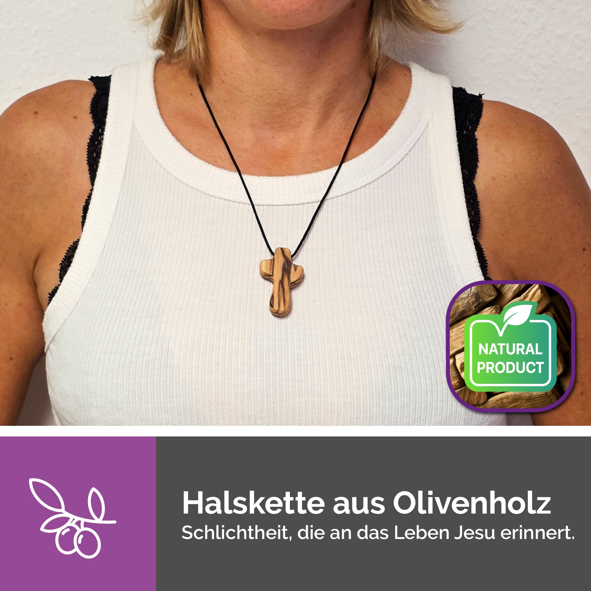 Christliche Halskette Olivenholz Kreuz schlicht Geschenk Taufe Kommunion