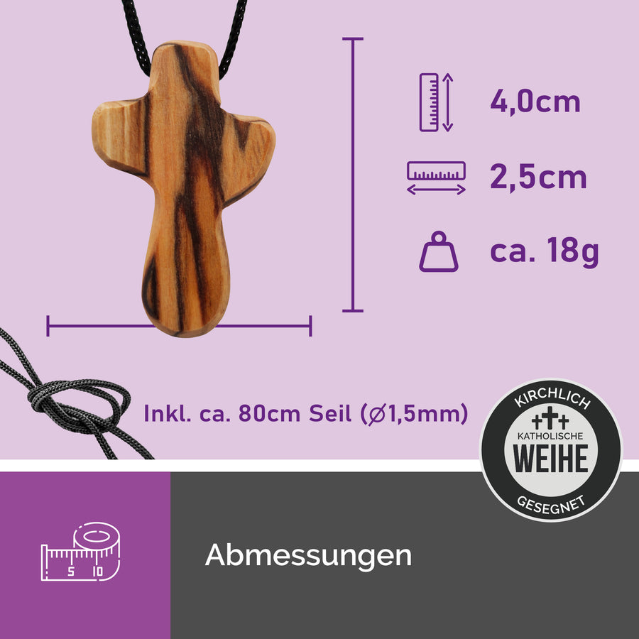 Dimensions du collier en bois d'olivier, pendentif croix sobre 4 × 2,5 cm
