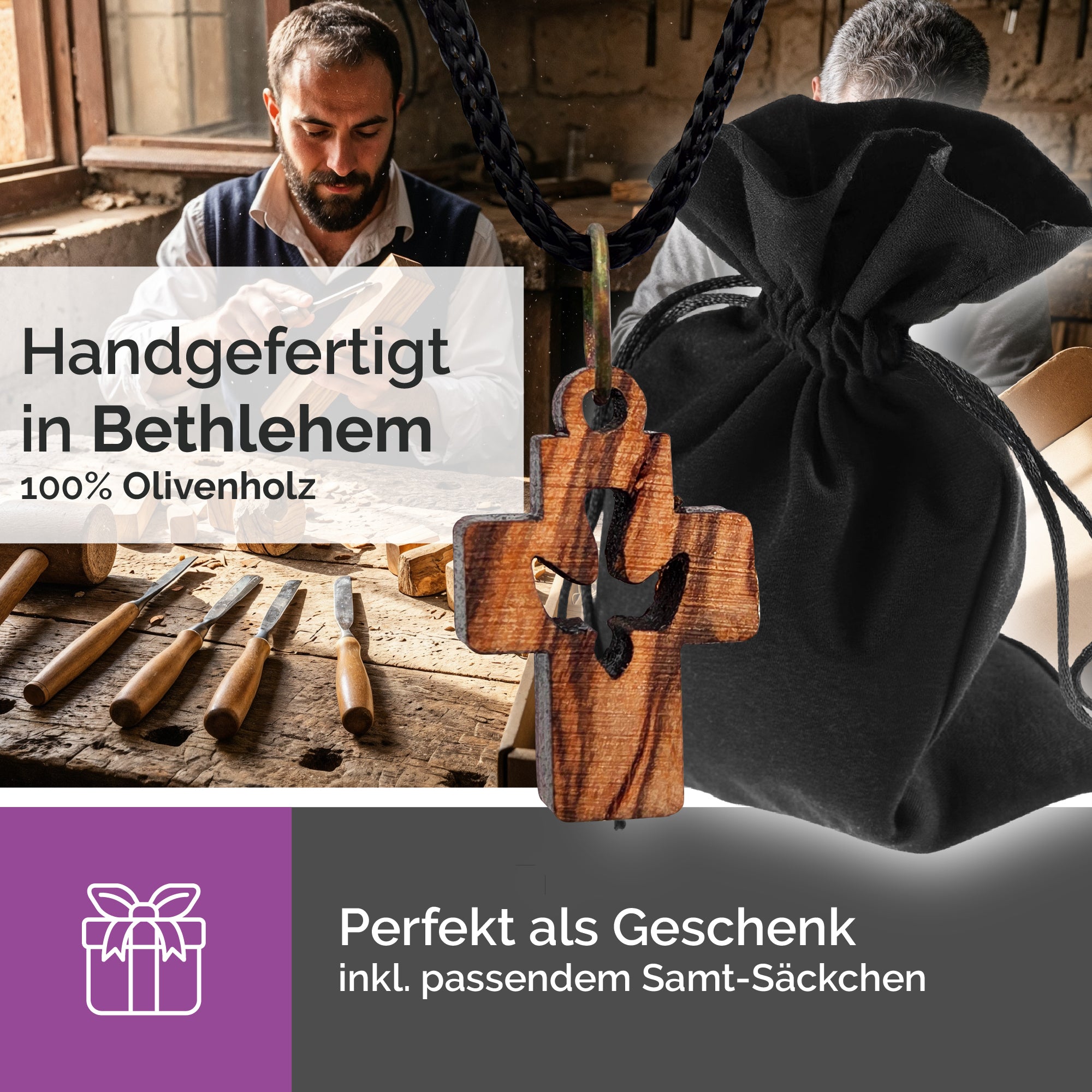 Handarbeit Bethlehem Halskette Olivenholz Kreuz mit Taube gesegnet Zertifikat