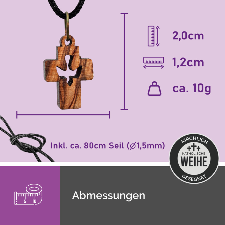 Dimensions du collier en bois d'olivier, pendentif croix avec colombe 2 × 1,2 cm