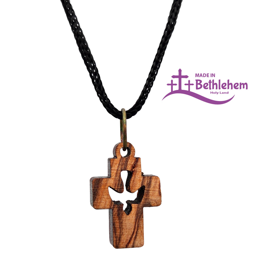 Collier en bois d'olivier, croix avec colombe, bénit, fait main à Bethléem