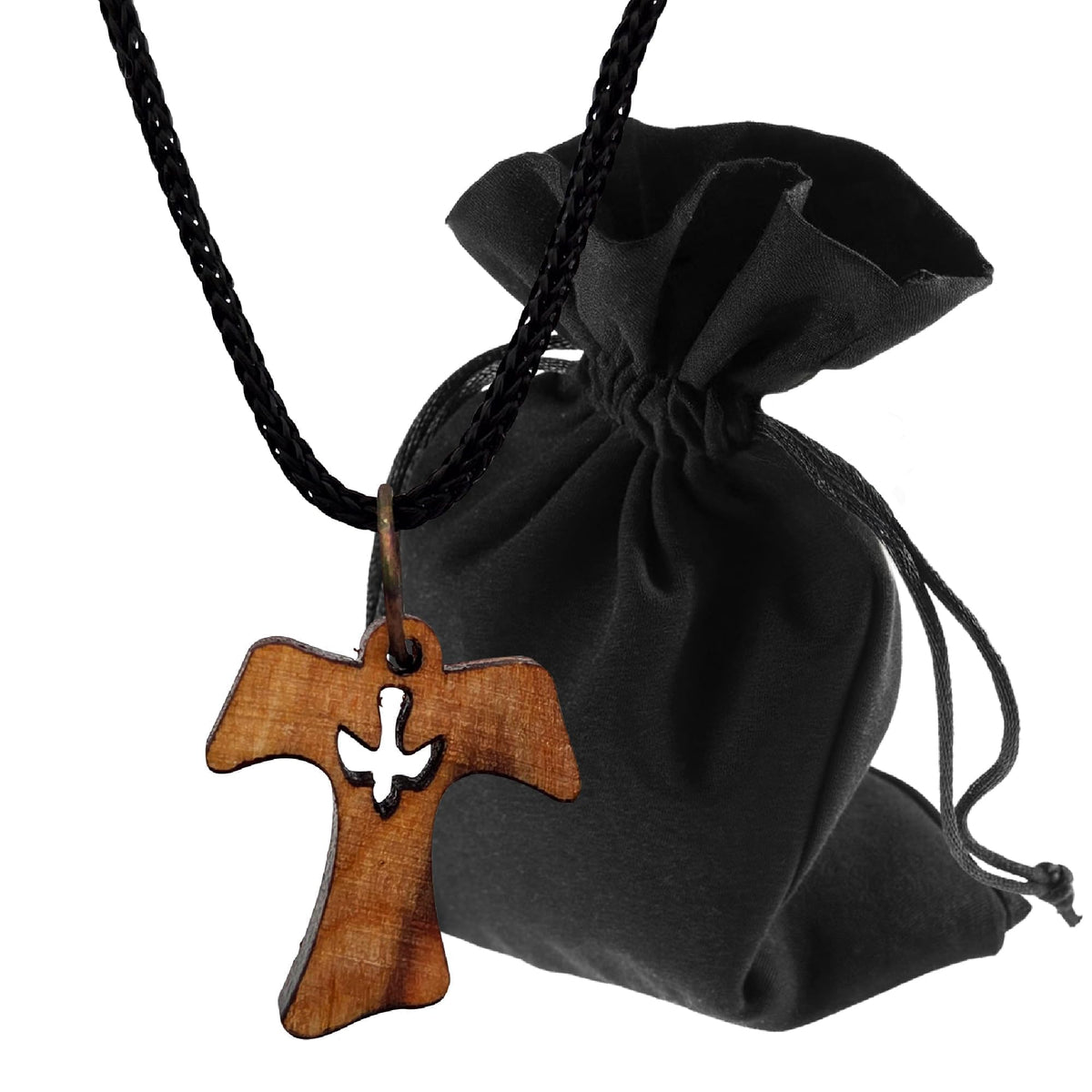 Collar de madera de olivo con cruz tau y paloma de Belén – bendecido – vista del producto