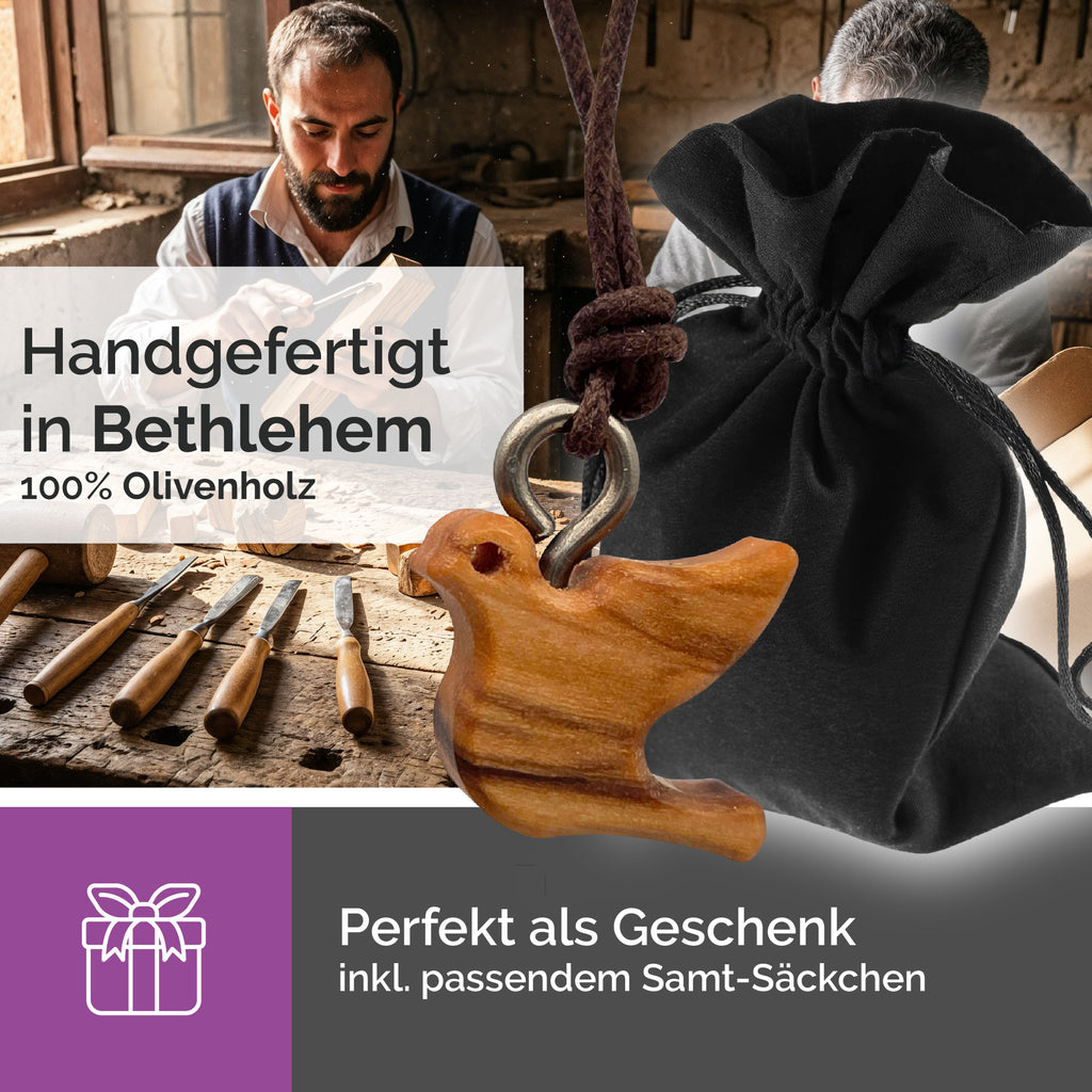 Handarbeit Bethlehem Halskette Olivenholz Taube geschnitzt gesegnet mit Zertifikat