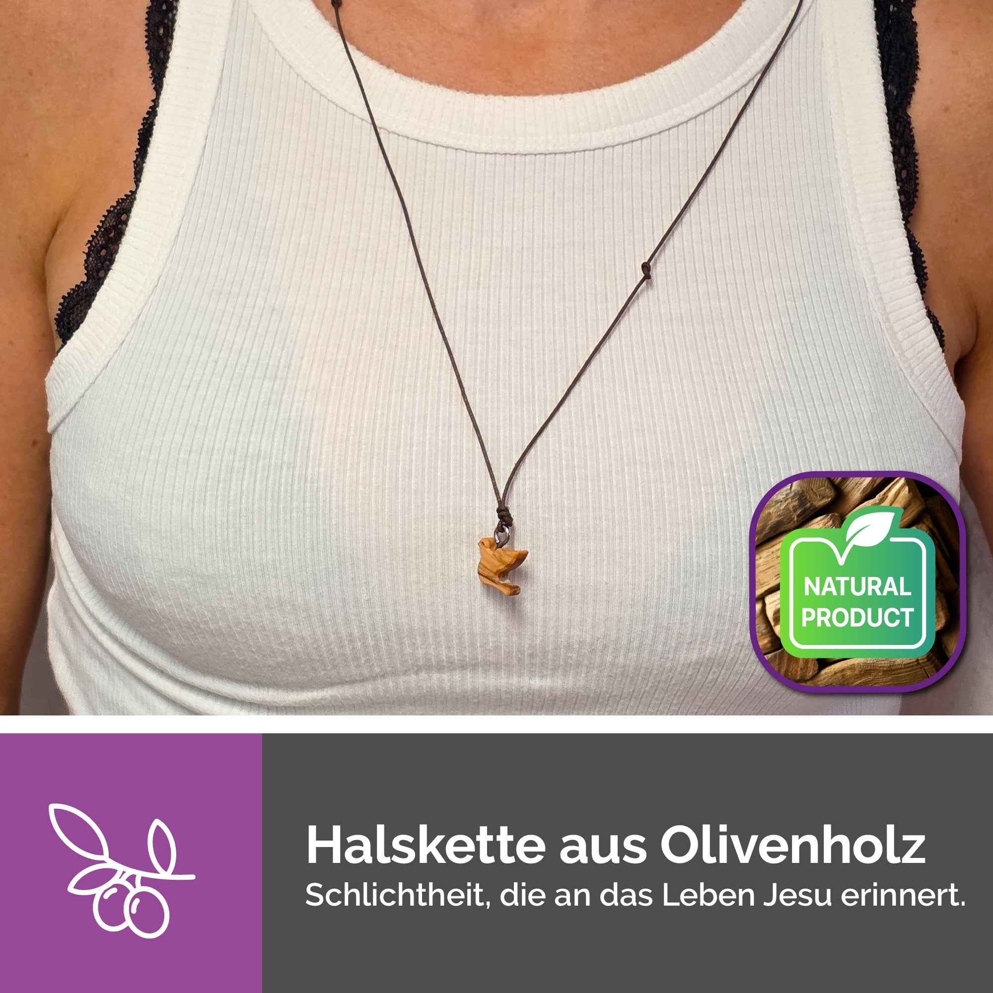 Christliche Halskette Olivenholz Taube geschnitzt Geschenk Taufe Kommunion