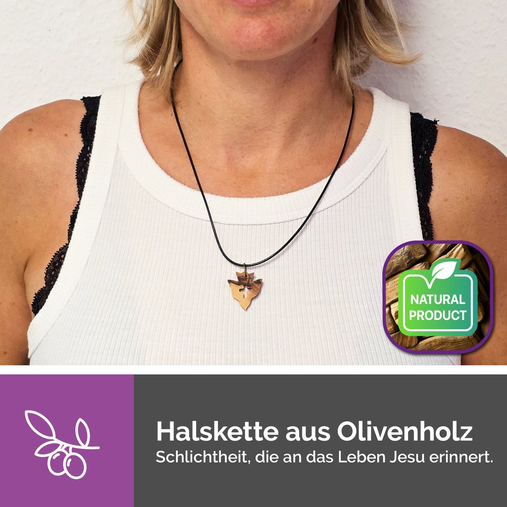 Christliche Halskette Olivenholz Taube Kreuz Geschenk Taufe Kommunion