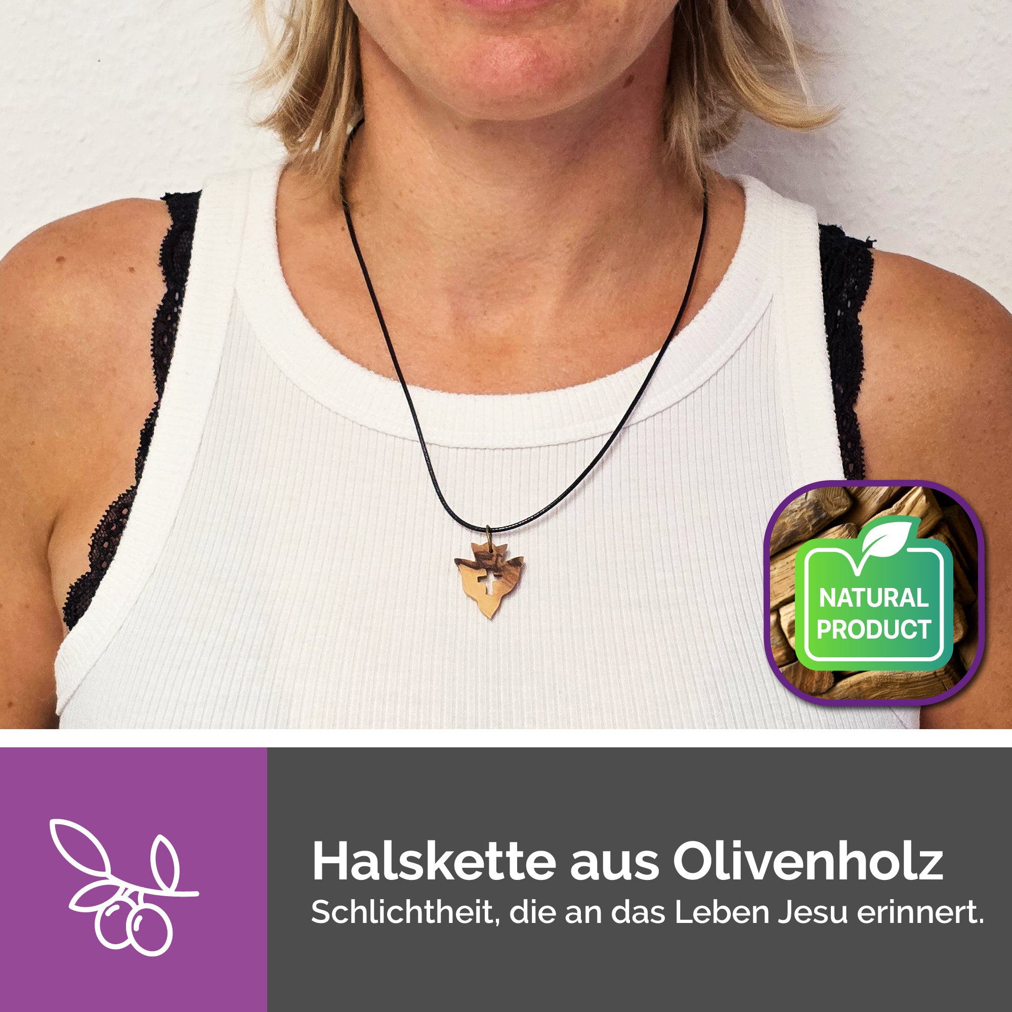 Christliche Halskette Olivenholz Taube Kreuz Geschenk Taufe Kommunion