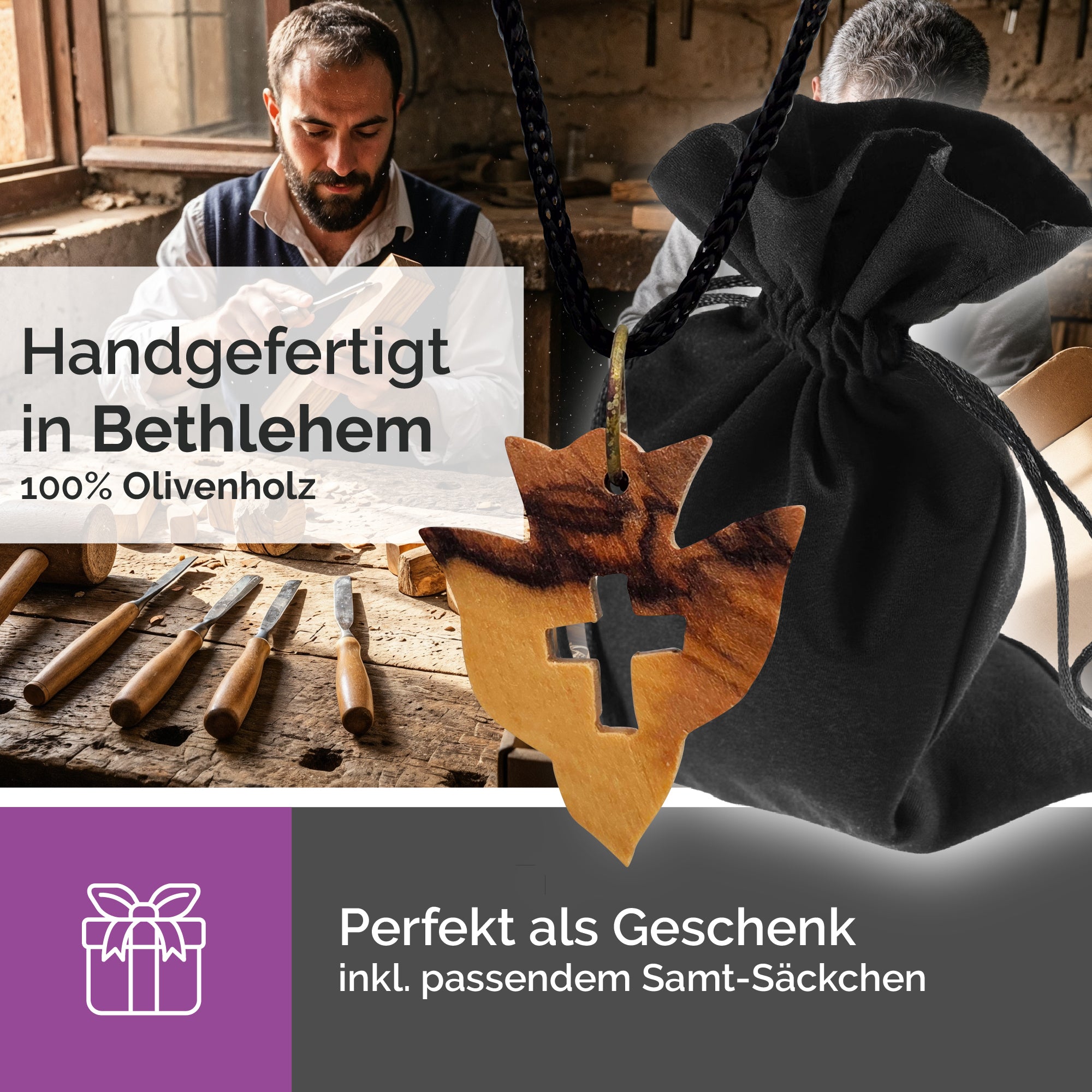 Handarbeit Bethlehem Halskette Olivenholz Taube Kreuz gesegnet mit Zertifikat