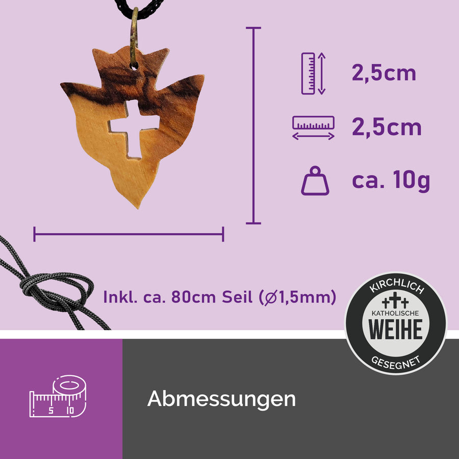 Dimensions du collier en bois d'olivier, pendentif colombe et croix 2,5 × 2,5 cm