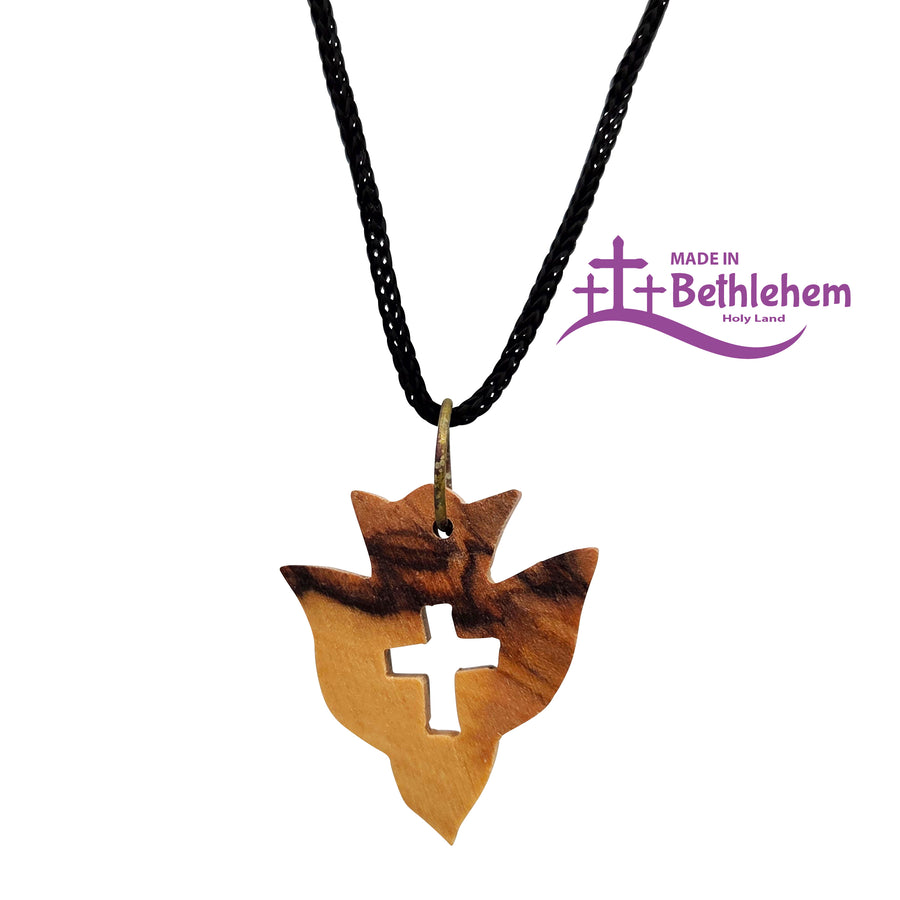 Collier en bois d'olivier, colombe avec croix ajourée, bénit