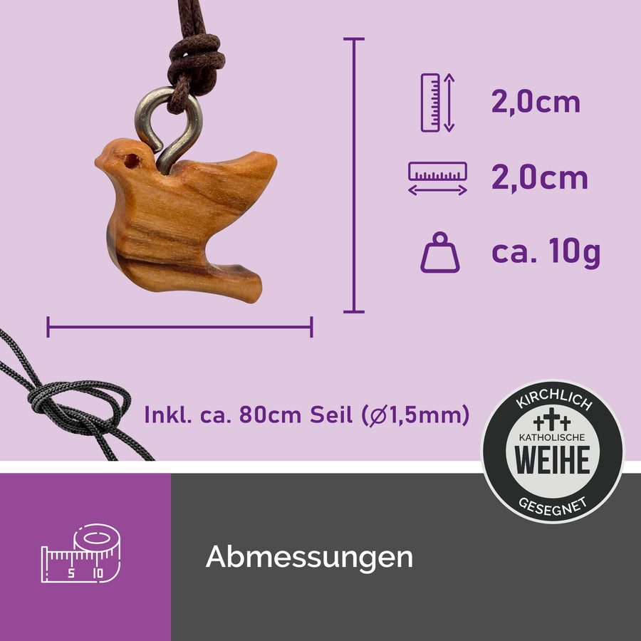 Dimensions du collier en bois d'olivier, pendentif colombe sculptée 2 × 2 cm