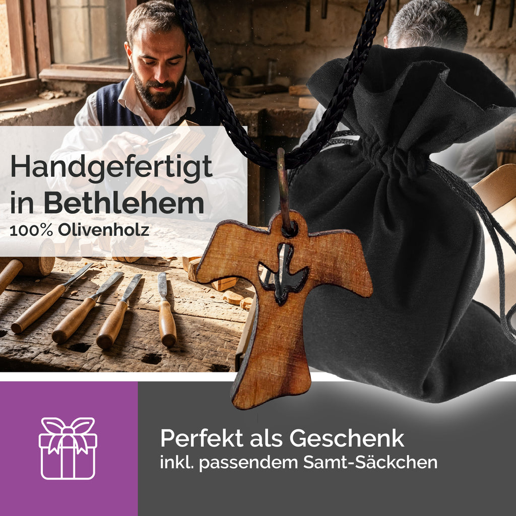 Handarbeit Bethlehem Halskette Olivenholz Tau Kreuz mit Taube gesegnet Zertifikat