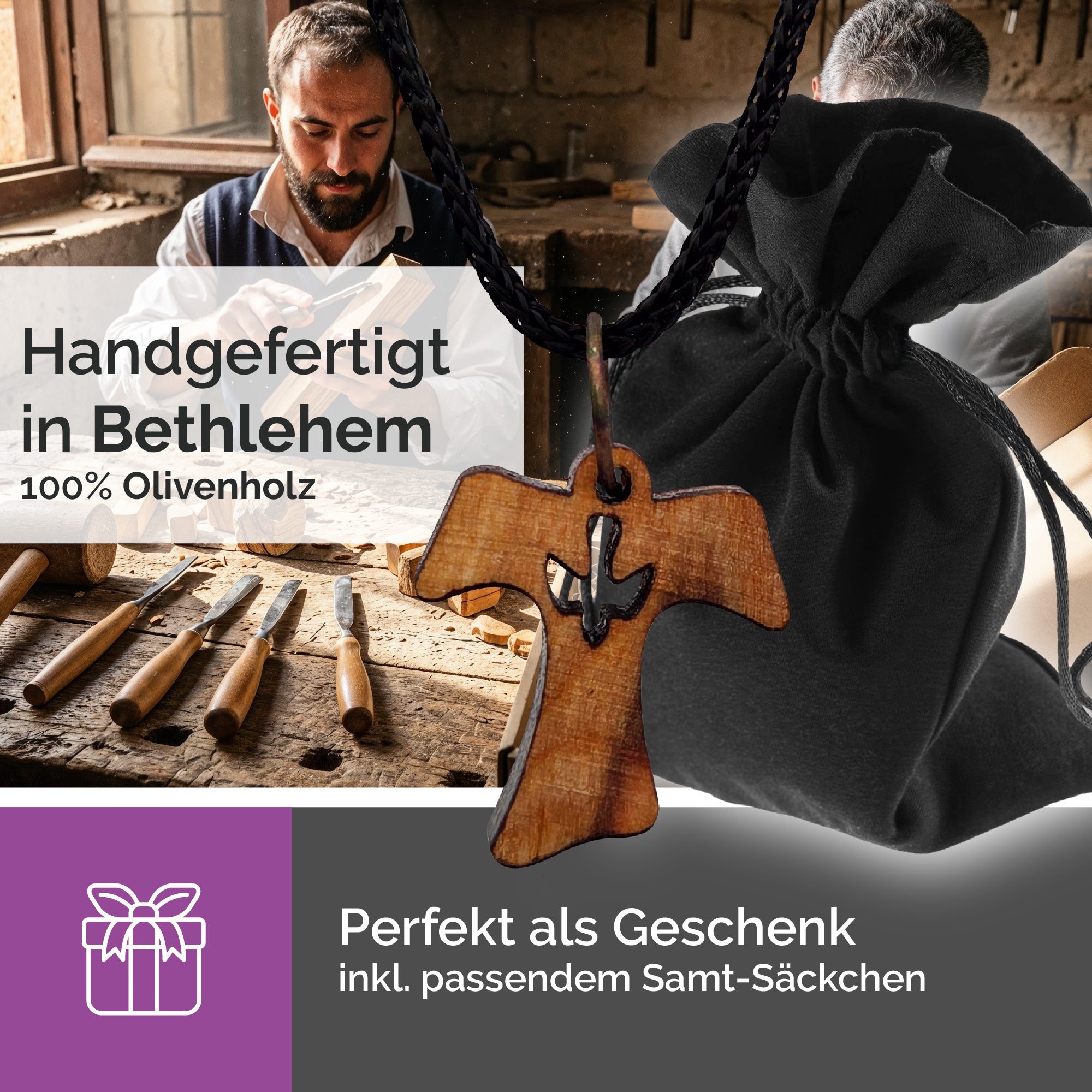 Handarbeit Bethlehem Halskette Olivenholz Tau Kreuz mit Taube gesegnet Zertifikat