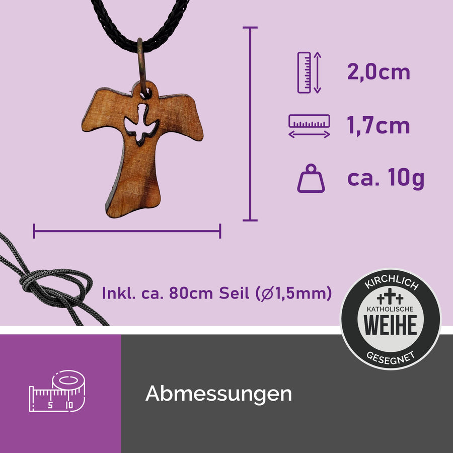 Dimensions du collier en bois d'olivier, pendentif croix Tau avec colombe 2 × 1,7 cm