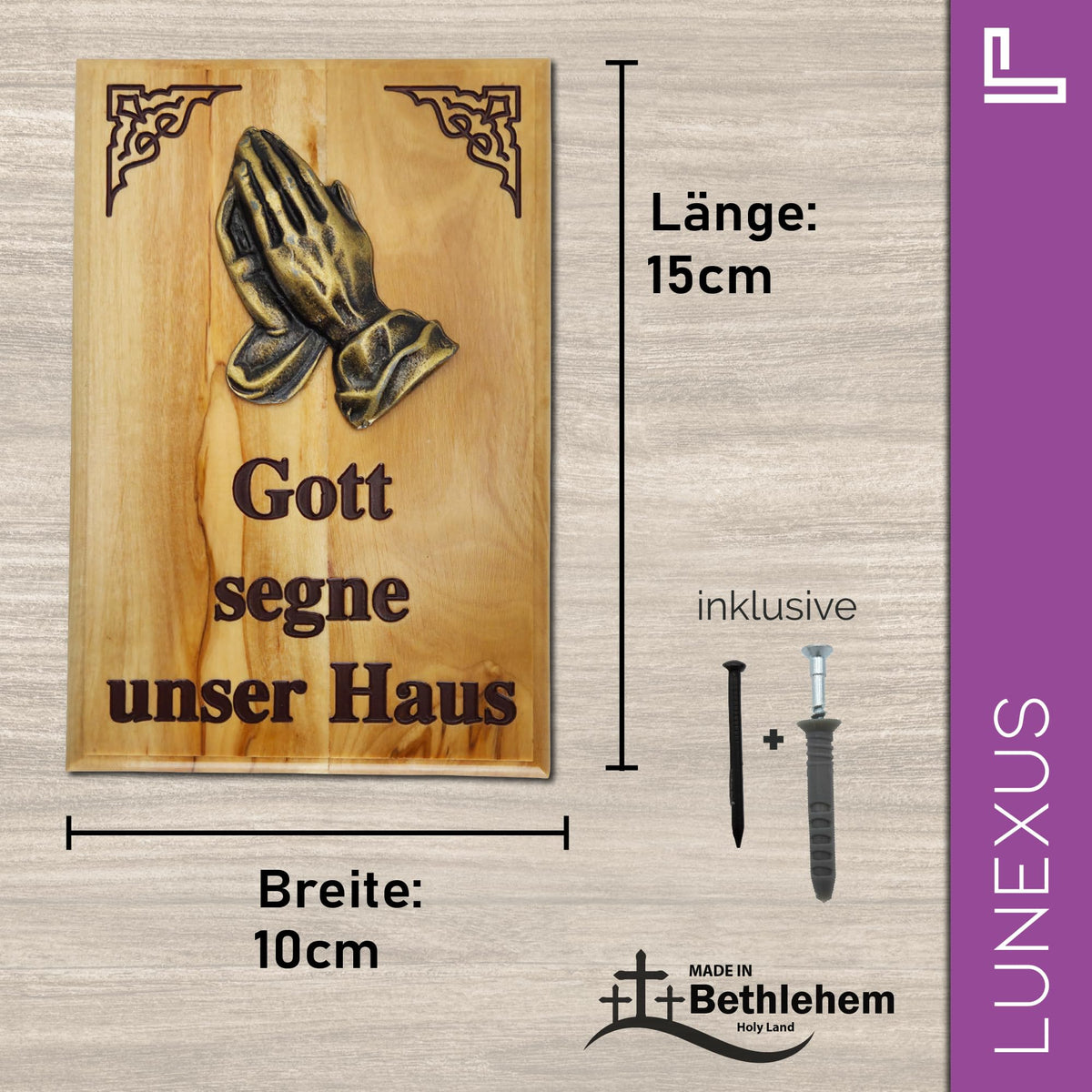 Bendición del hogar, cuadro de madera de olivo 15×10 cm – «Gott segne unser Haus» – vista 2