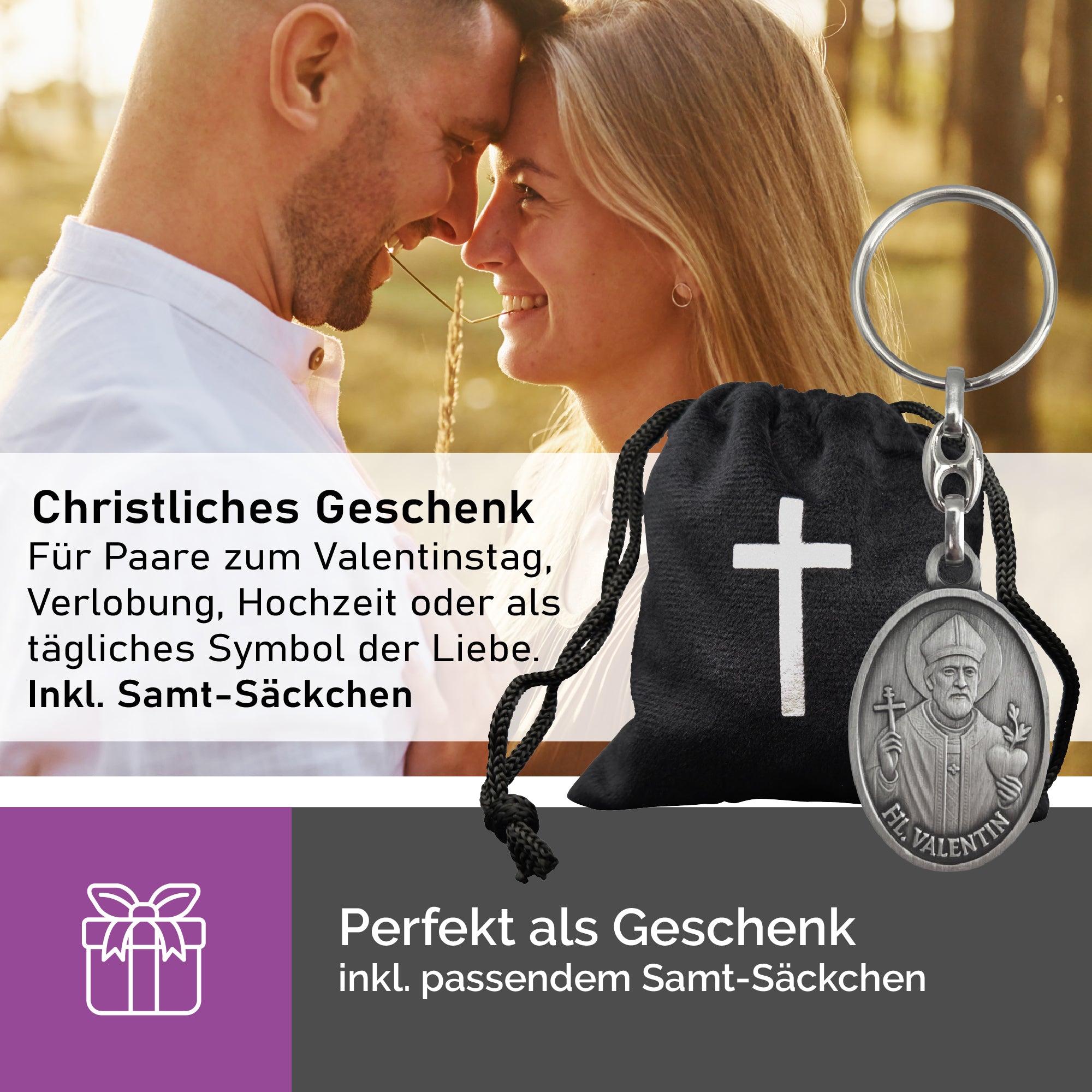 Christliches Geschenk für Paare Schlüsselanhänger Hl Valentin mit Samtbeutel zum Valentinstag Hochzeit und Jahrestag