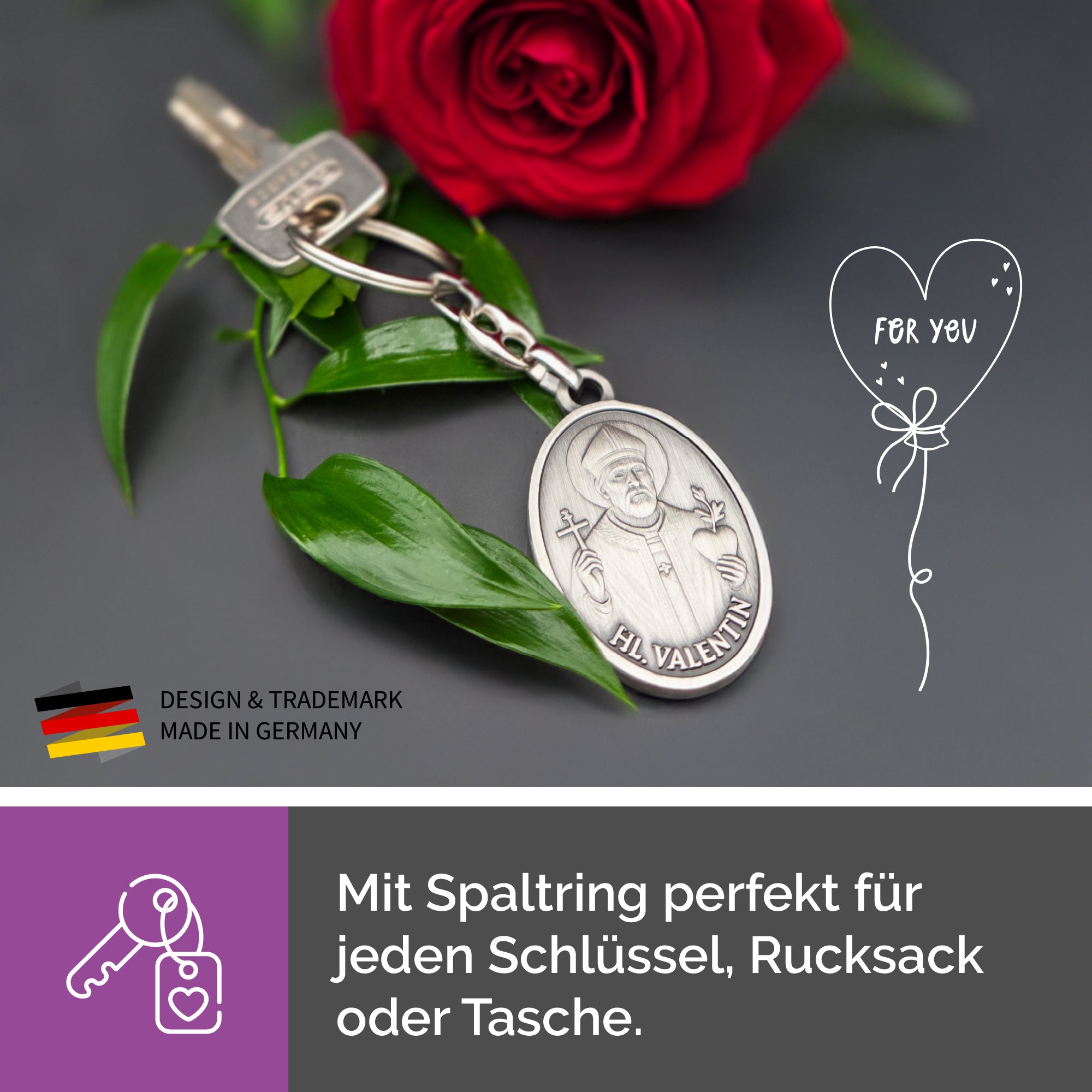 Schlüsselanhänger Hl Valentin am Schlüsselbund mit Rose als romantisches Valentinstag Geschenk für Paare