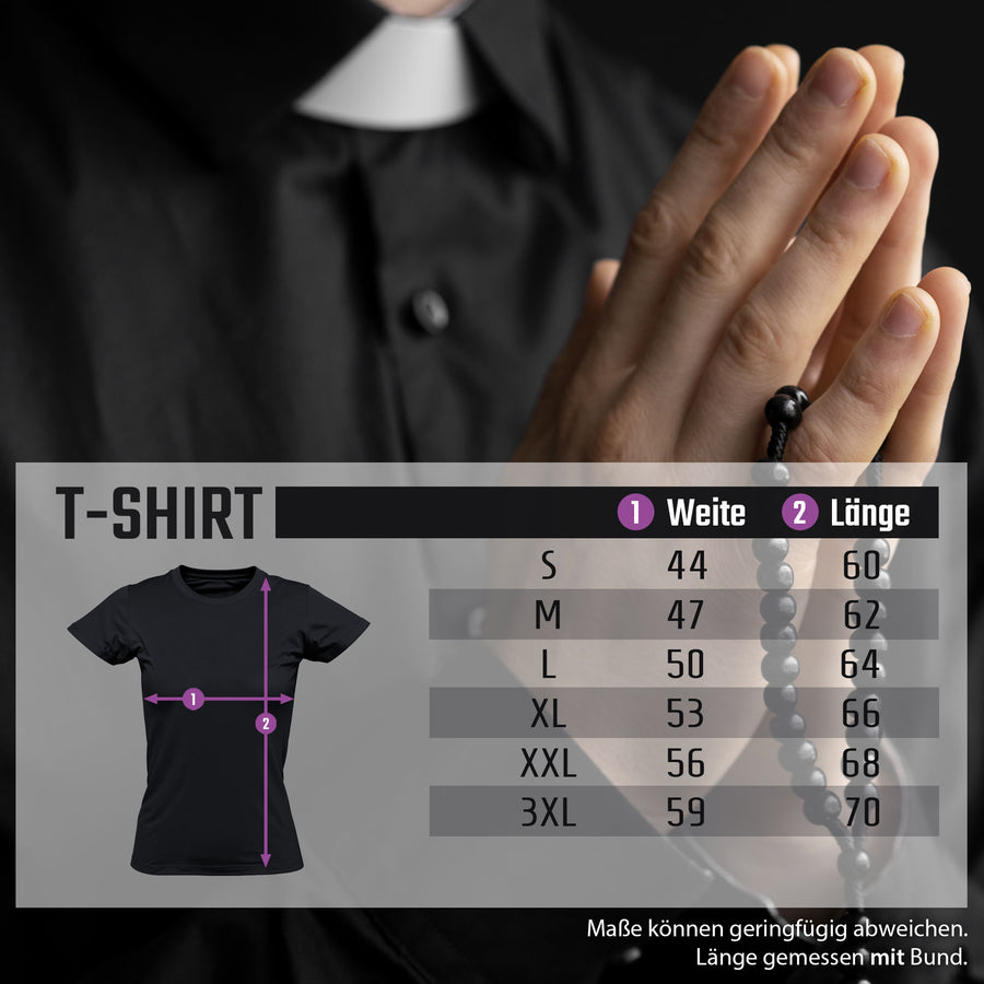 Guide des tailles et dimensions du t-shirt femme « Holy Mode ON » en 100 % coton, coupe cintrée