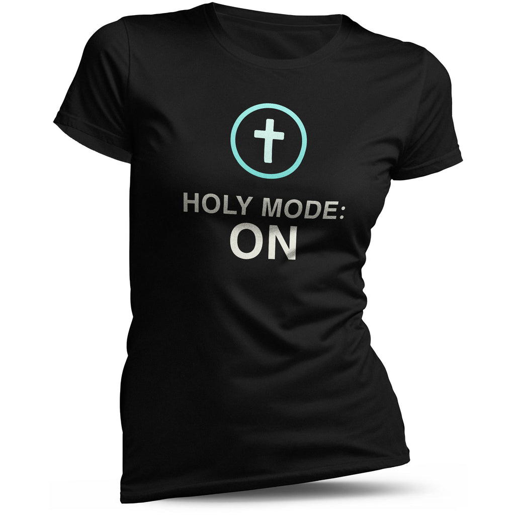 Holy Mode ON Damen T-Shirt in Schwarz mit Kreuzsymbol und weiß-blauem Aufdruck – christliches Statementshirt aus Baumwolle