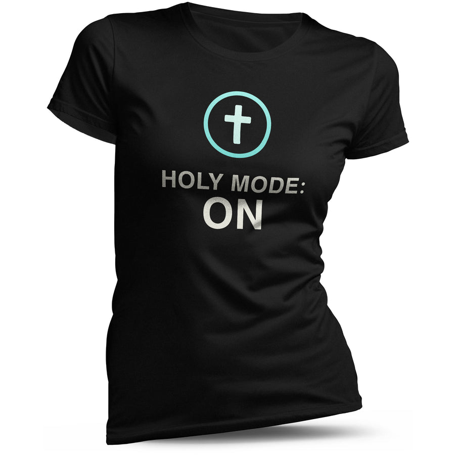 T-shirt chrétien femme « Holy Mode ON » noir avec croix et impression blanc et bleu – t-shirt en coton