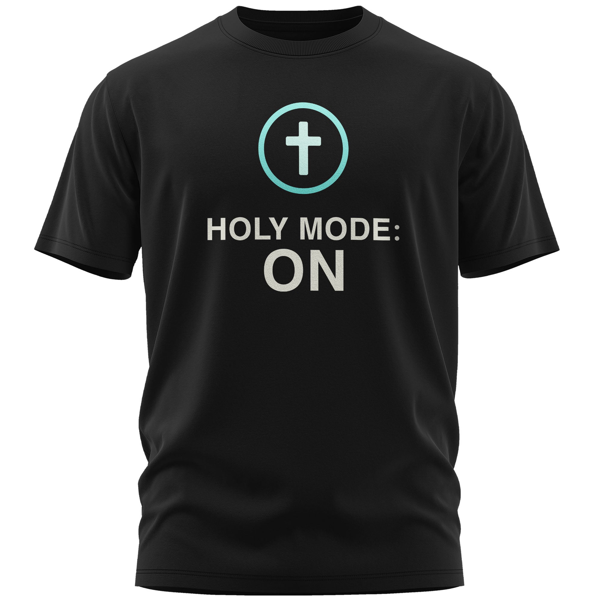 Holy Mode ON Herren T-Shirt in Schwarz mit Kreuzsymbol und weiß-blauem Aufdruck – christliches Statementshirt aus Baumwolle