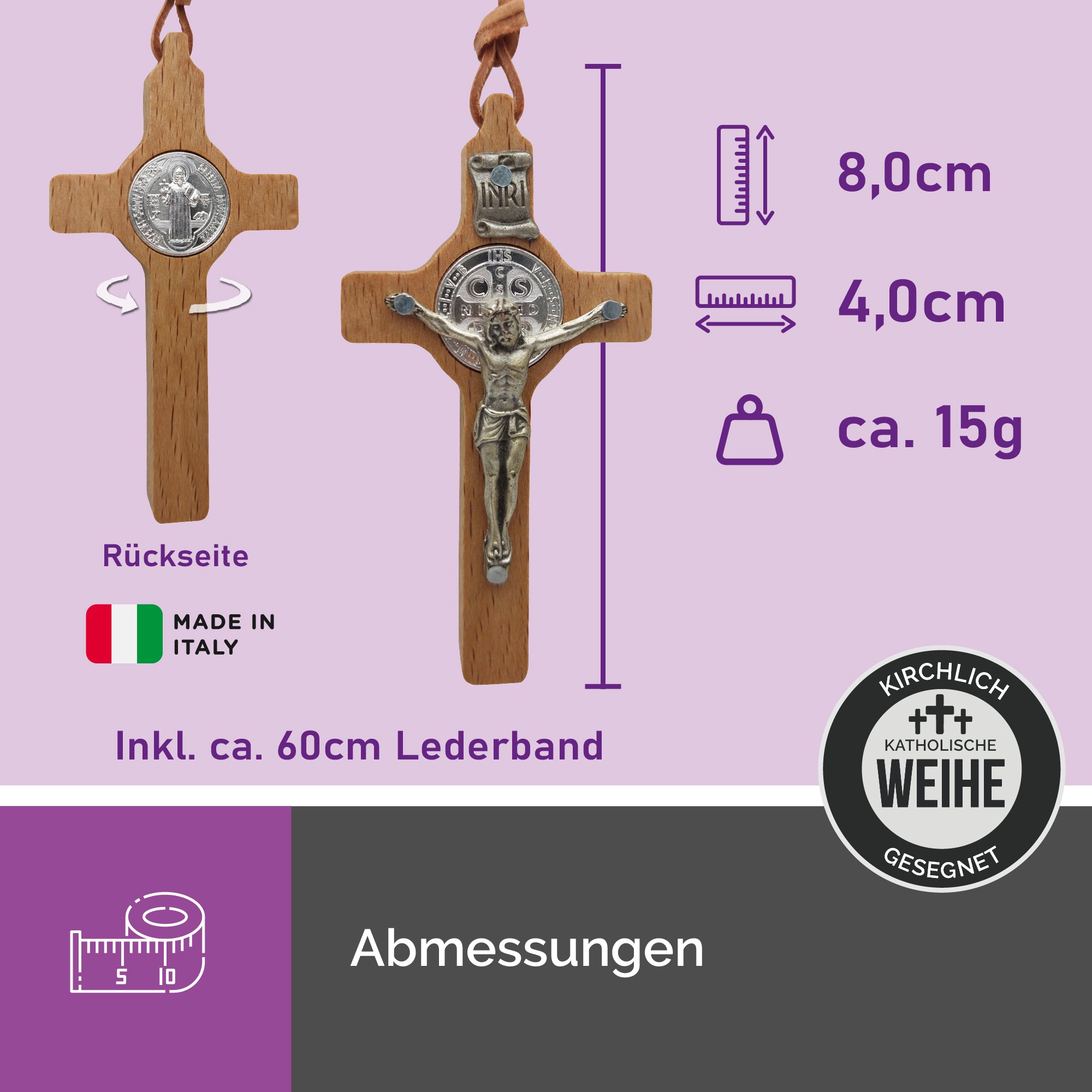 Holzkreuz Anhänger mit Medaille und Korpus, dargestellt mit Maßen 8×4 cm