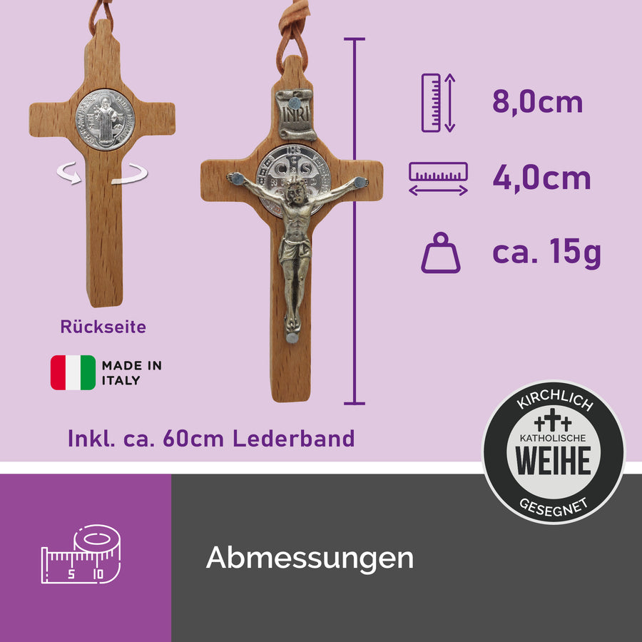 Pendentif croix en bois avec médaille et Christ en croix, avec dimensions 8 × 4 cm