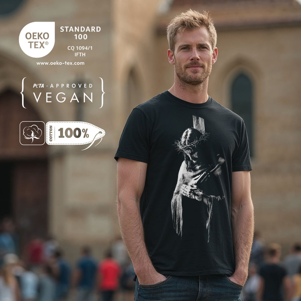 Mann trägt schwarzes Jesus Dornenkrone T-Shirt – modernes christliches Shirt für Alltag und Freizeit