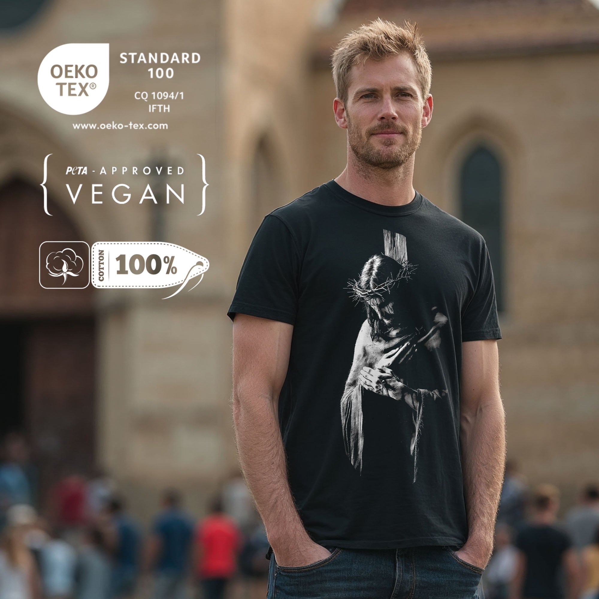 Mann trägt schwarzes Jesus Dornenkrone T-Shirt – modernes christliches Shirt für Alltag und Freizeit