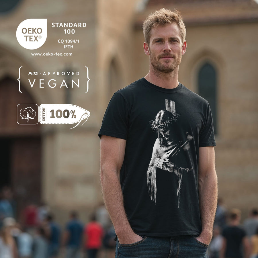 Homme portant le t-shirt noir « Jésus à la couronne d'épines » – t-shirt chrétien moderne pour le quotidien et les loisirs