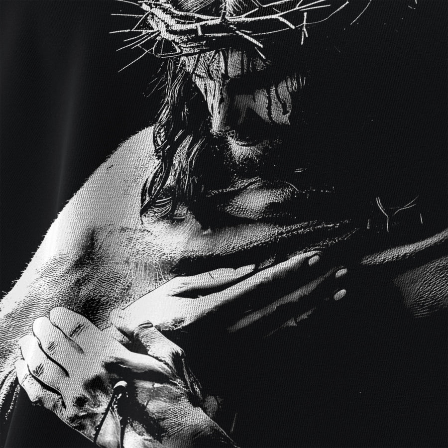 Vue détaillée du procédé d'impression du t-shirt homme « Jésus à la couronne d'épines » – fabrication durable en Allemagne