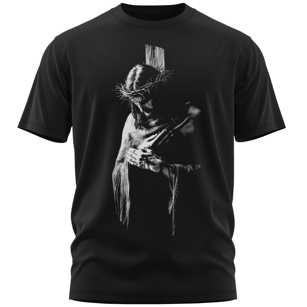Jesus mit Dornenkrone Herren T-Shirt in Schwarz – christliches Glaubensshirt mit Kreuzmotiv aus Baumwolle