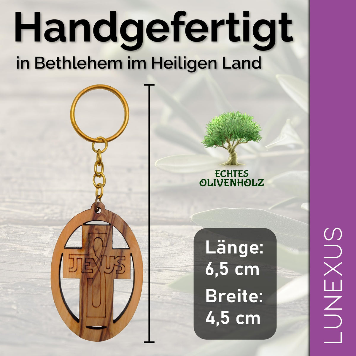 Llavero Jesús Cruz madera de olivo 9 cm – bendecido en nuestro almacén – vista 2