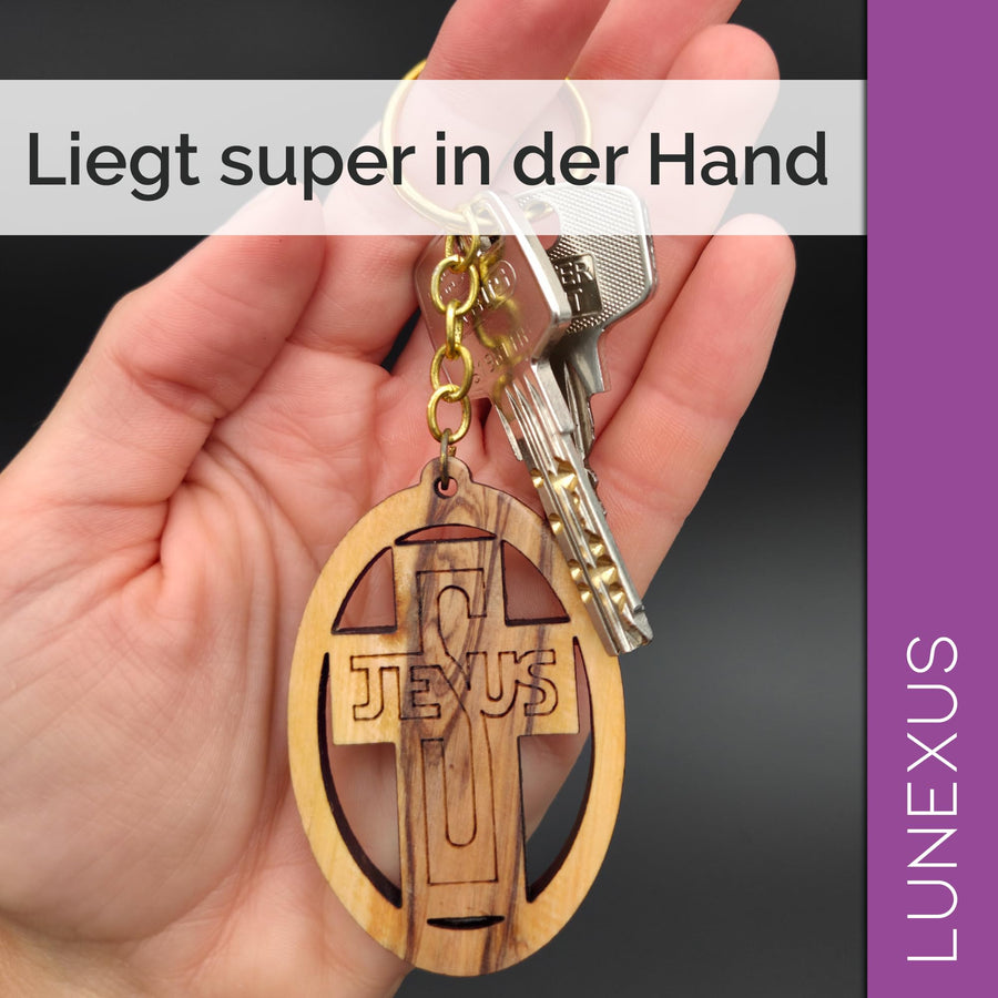 Llavero Jesús Cruz madera de olivo 9 cm – bendecido en nuestro almacén – vista 6