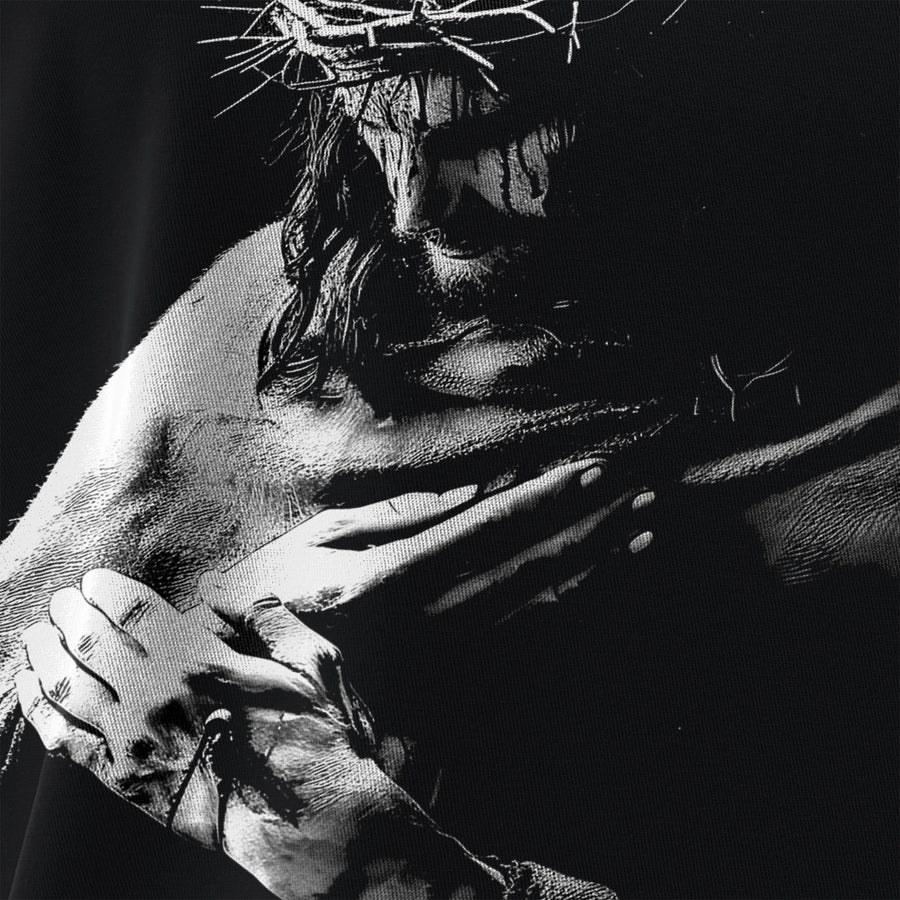 Vue détaillée de l'impression DTF du t-shirt femme « Jesus Passion » – production durable en Allemagne