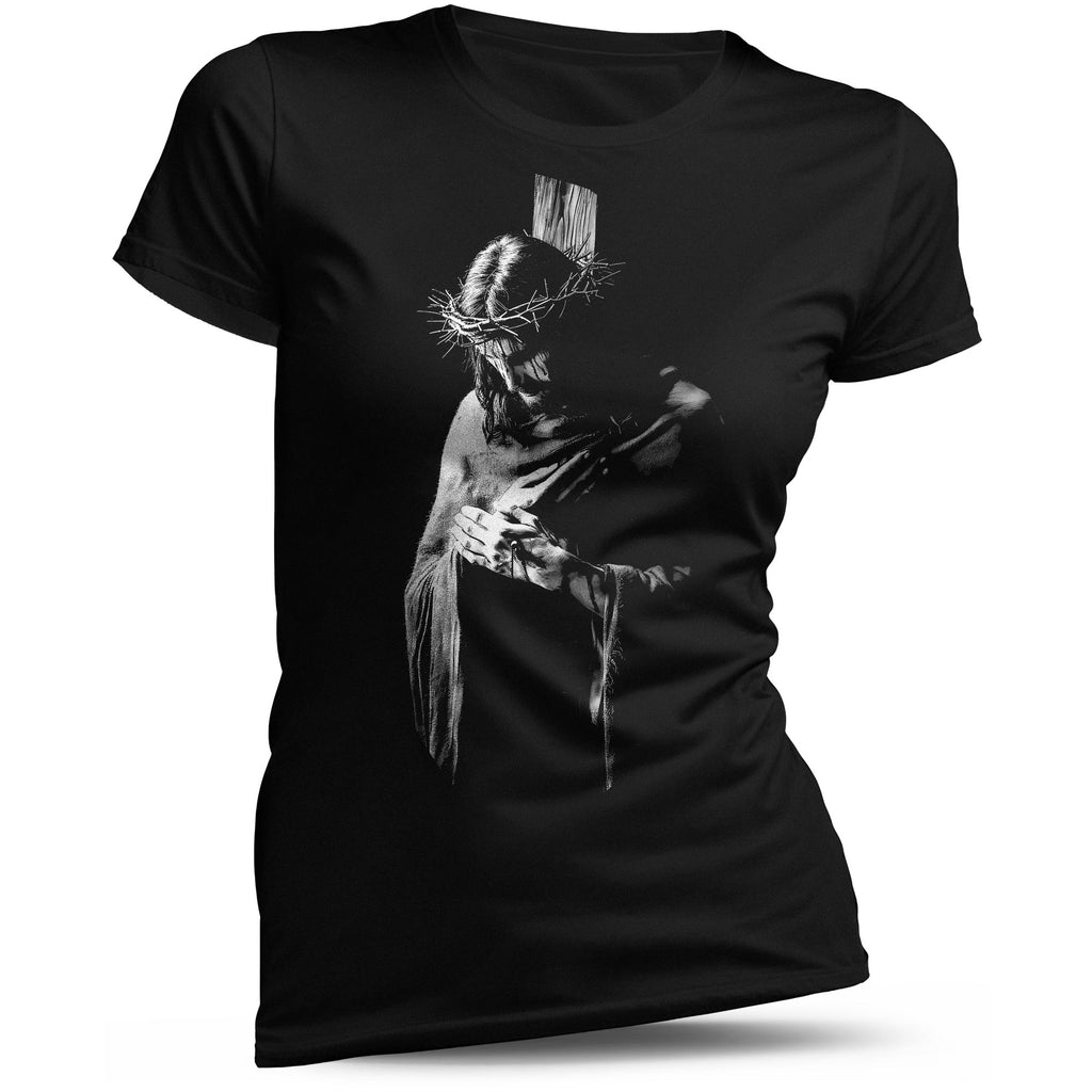Jesus Passion Damen T-Shirt in Schwarz mit weißem Porträtmotiv und Kreuzsymbol – christliches Kunstshirt aus Baumwolle