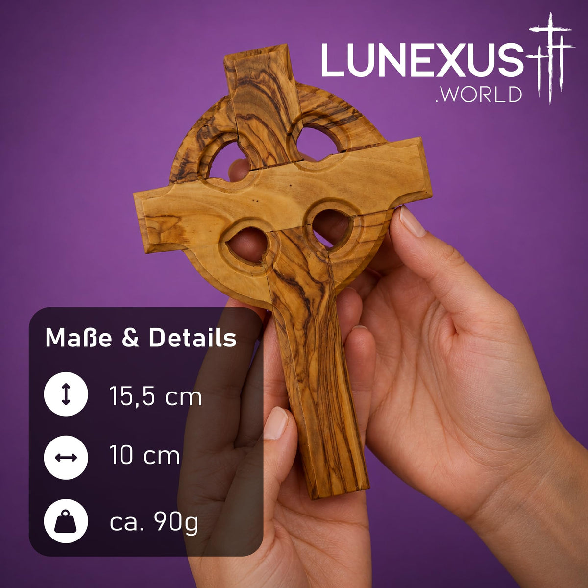Cruz de pared celta madera de olivo 15,5×10 cm – bendecida – vista 2