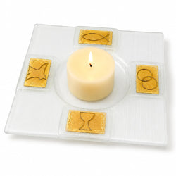 Candle Plate White Glass 14×14 cm for Communion – Golden Symbols – product view