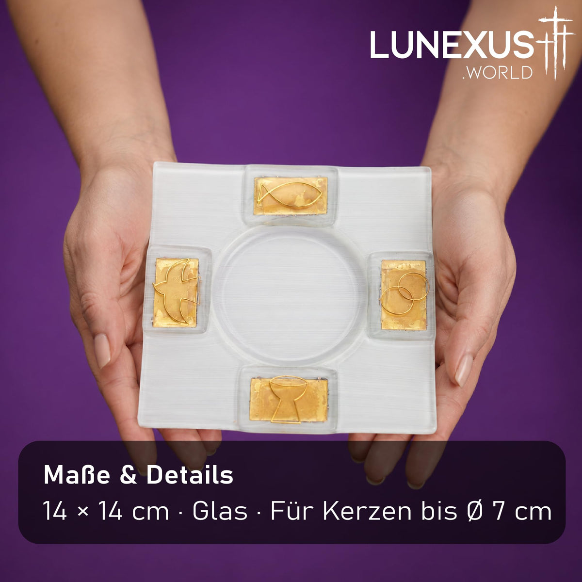Candle Plate White Glass 14×14 cm for Communion – Golden Symbols – view 2