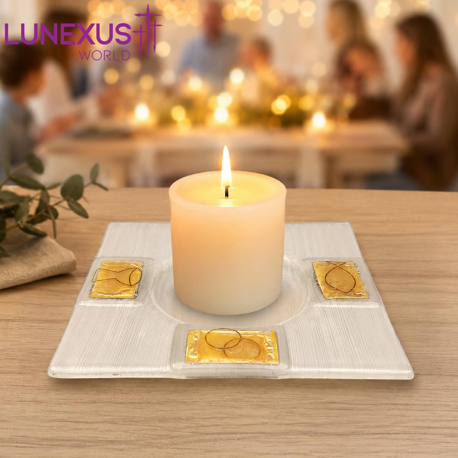Plato para velas de vidrio blanco 14×14 cm para comunión – símbolos dorados – vista 7