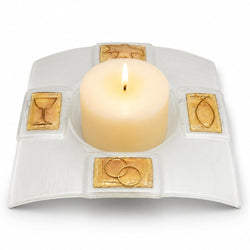 Candle Plate White Satin Glass 14×14 cm – Dove, Chalice, Fish, Rings – product view