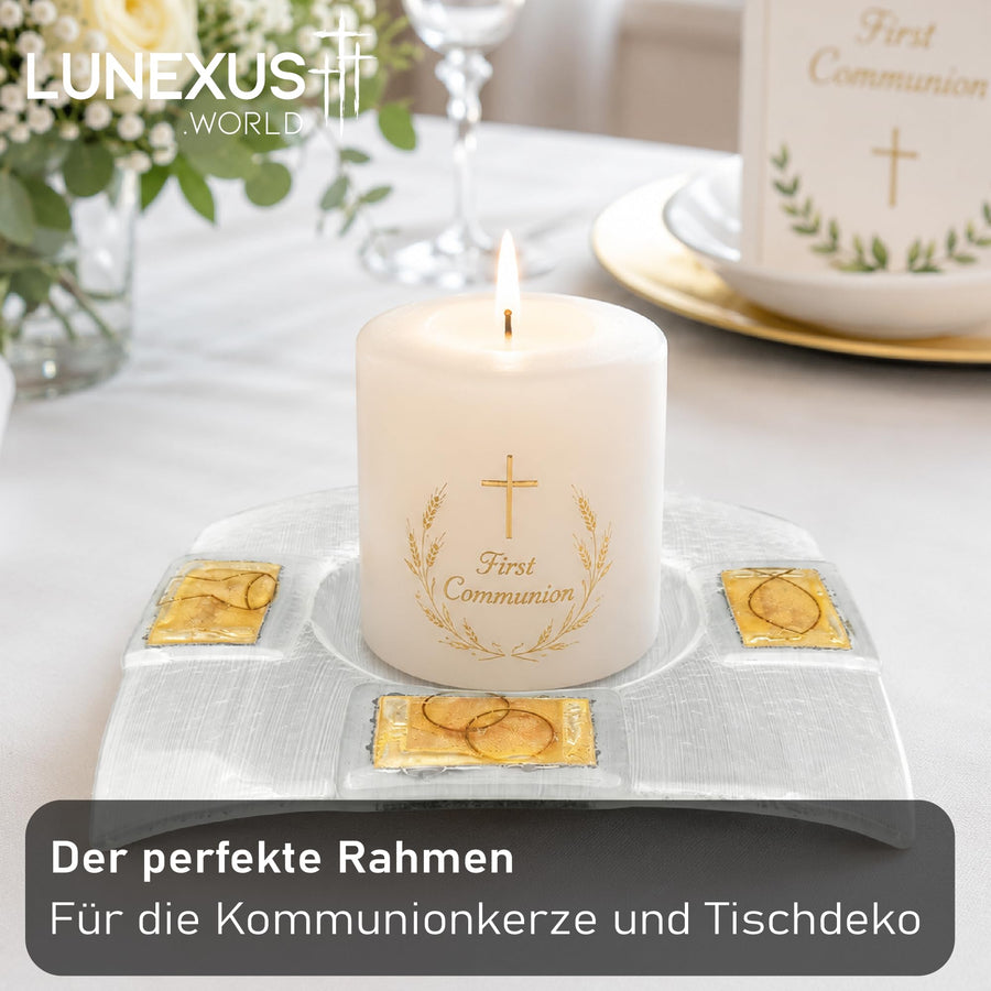 Candle Plate White Satin Glass 14×14 cm – Dove, Chalice, Fish, Rings – view 4