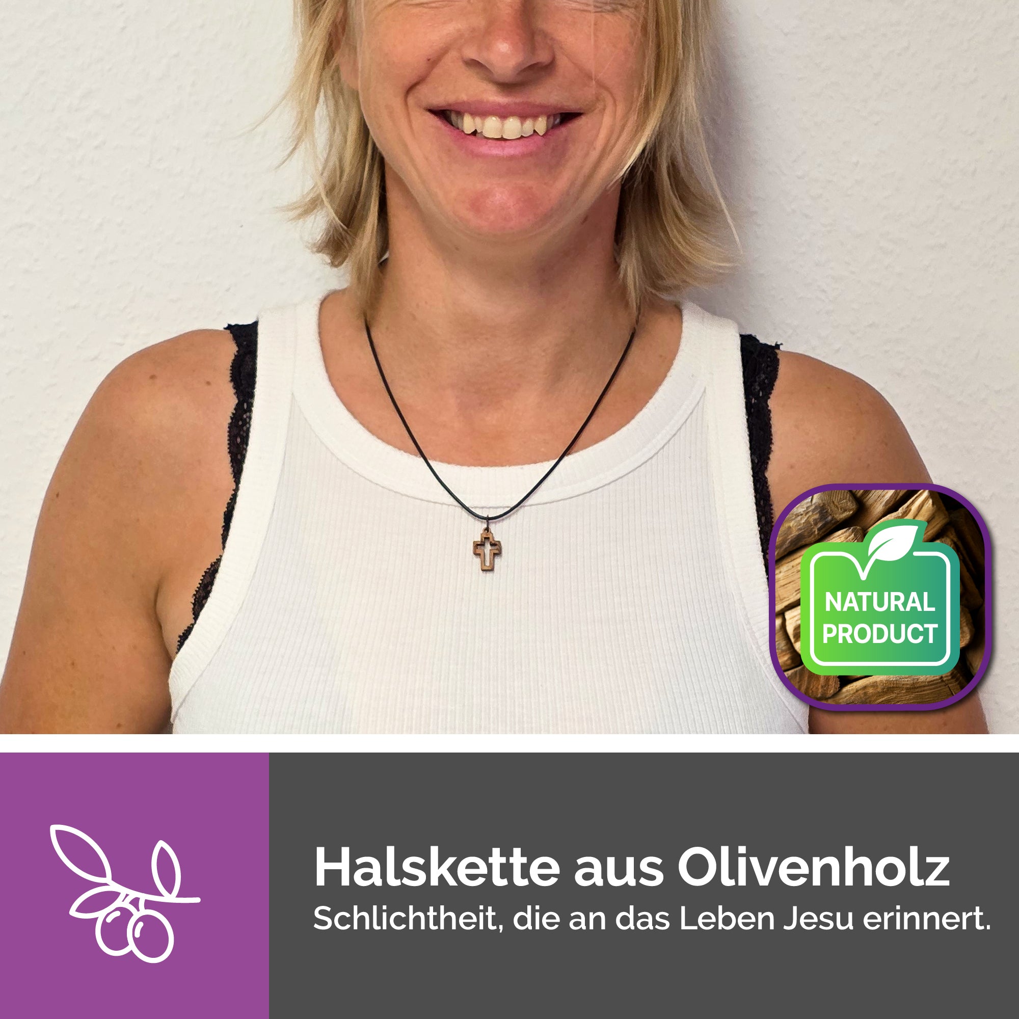 Kleiner Kreuzanhänger Olivenholz Bethlehem getragen als Halskette religiöses Geschenk